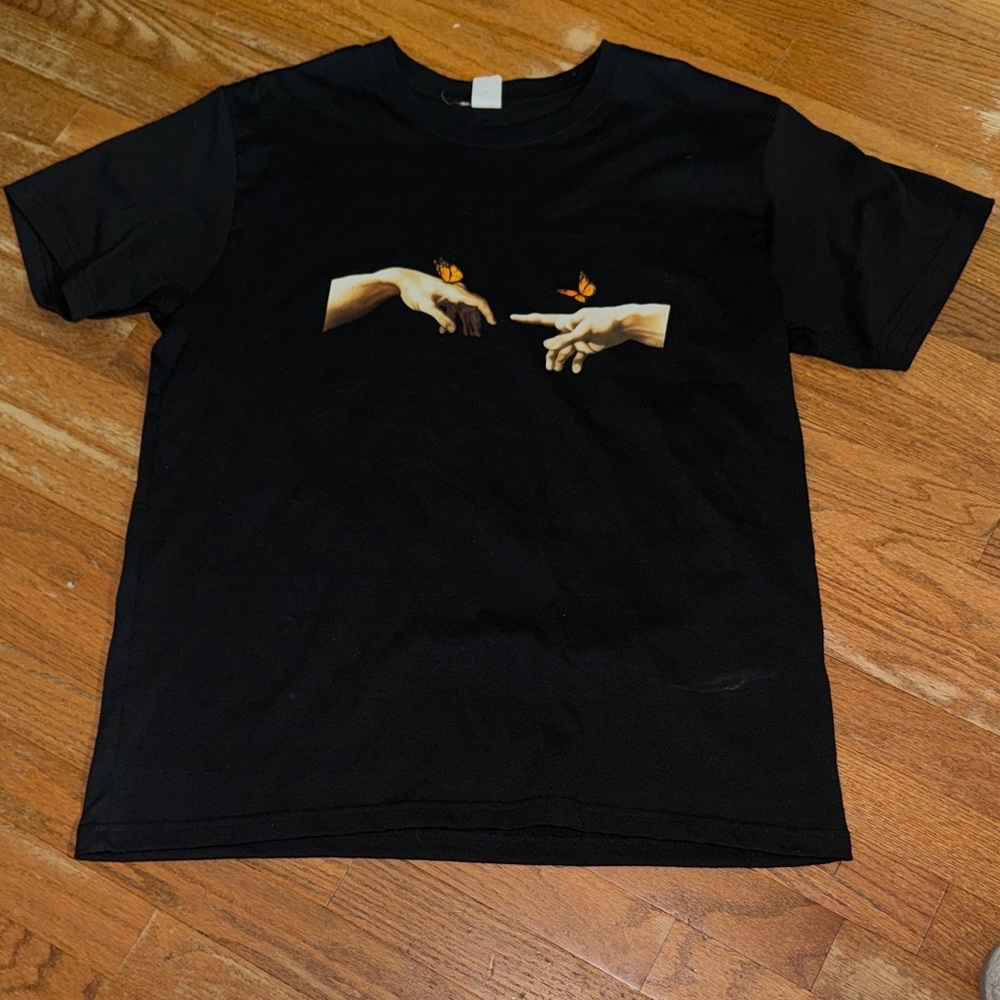 Black Graphic Crewneck T-Shirt with Hands & Butterflies